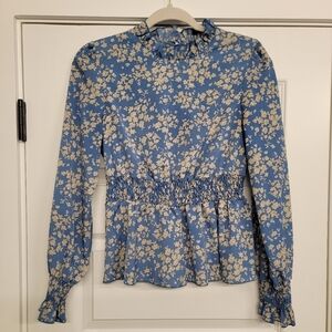 SHEIN Ditsy Floral Frill Neck Shirred Peplum Blouse